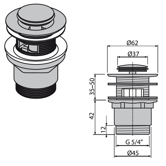Донный клапан для раковины, малая заглушка Alcaplast Click-Clack A39