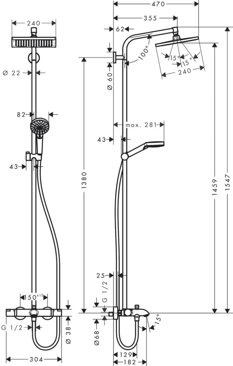 Душевая система с термостатом для ванны, хром Hansgrohe Crometta 240 Showerpipe 27298000