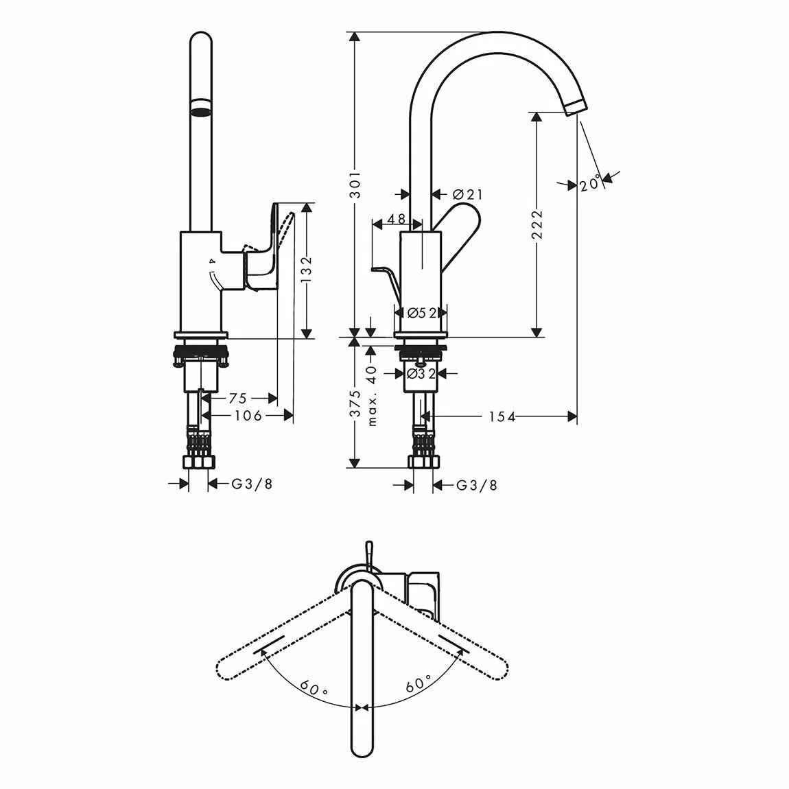 Смеситель для раковины 210, с донным клапаном, хром Hansgrohe Rebris S 72536000