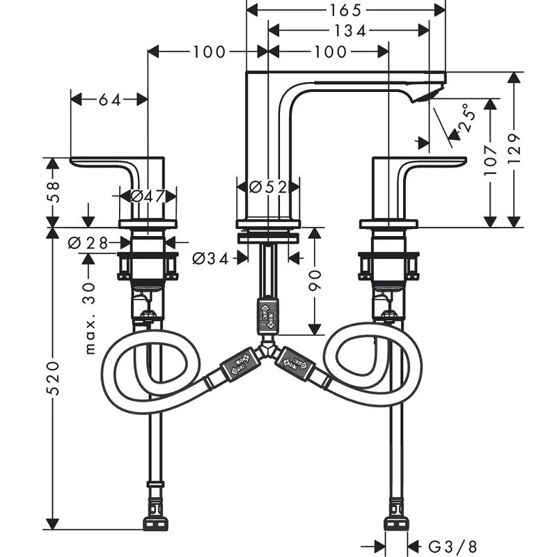 Смеситель для раковины, на 3 отверстия, с донным клапаном, хром Hansgrohe Rebris S 72530000