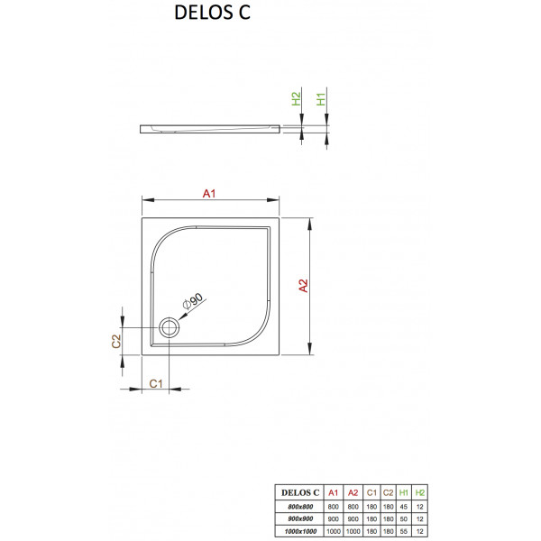 SDC0909-01 DELOS C900 Квадратный плоский поддон для монтажа на полу 900*900*45