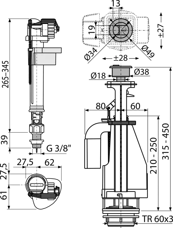 Выпускной комплект с двойной кнопкой, нижний подвод, хром Alcaplast SA08ASK3/8