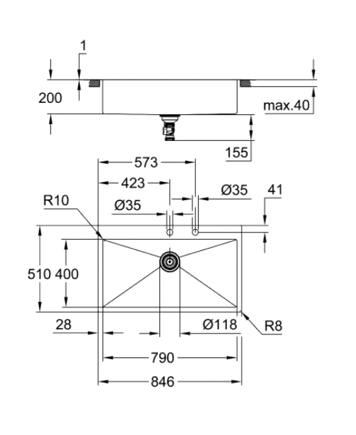Мойка K800, с 1 чашей, 846x510, нержавеющая сталь GROHE 31584SD1