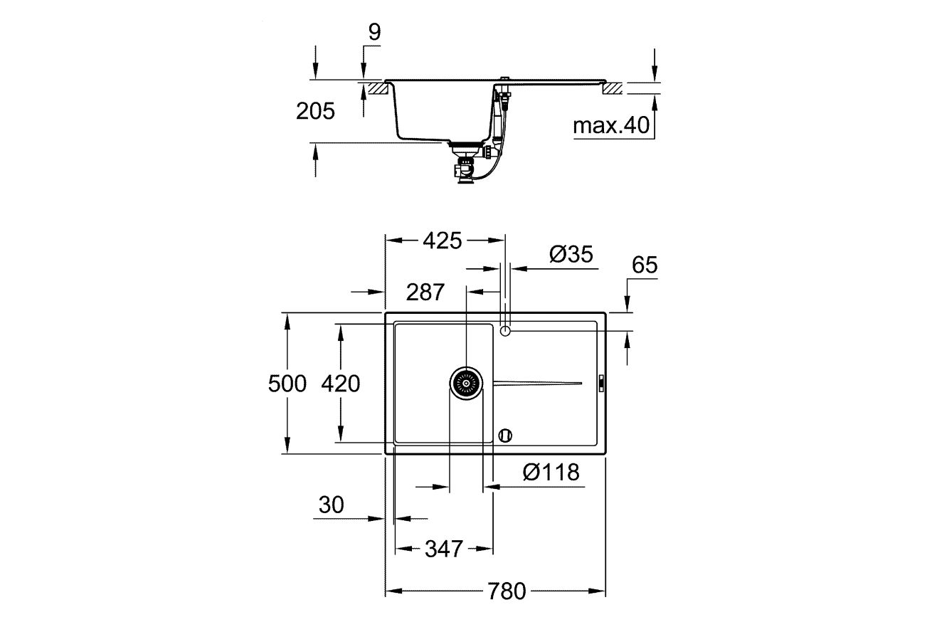 Мойка K400, композитная, 780x500, черный гранит Grohe 31639AP0