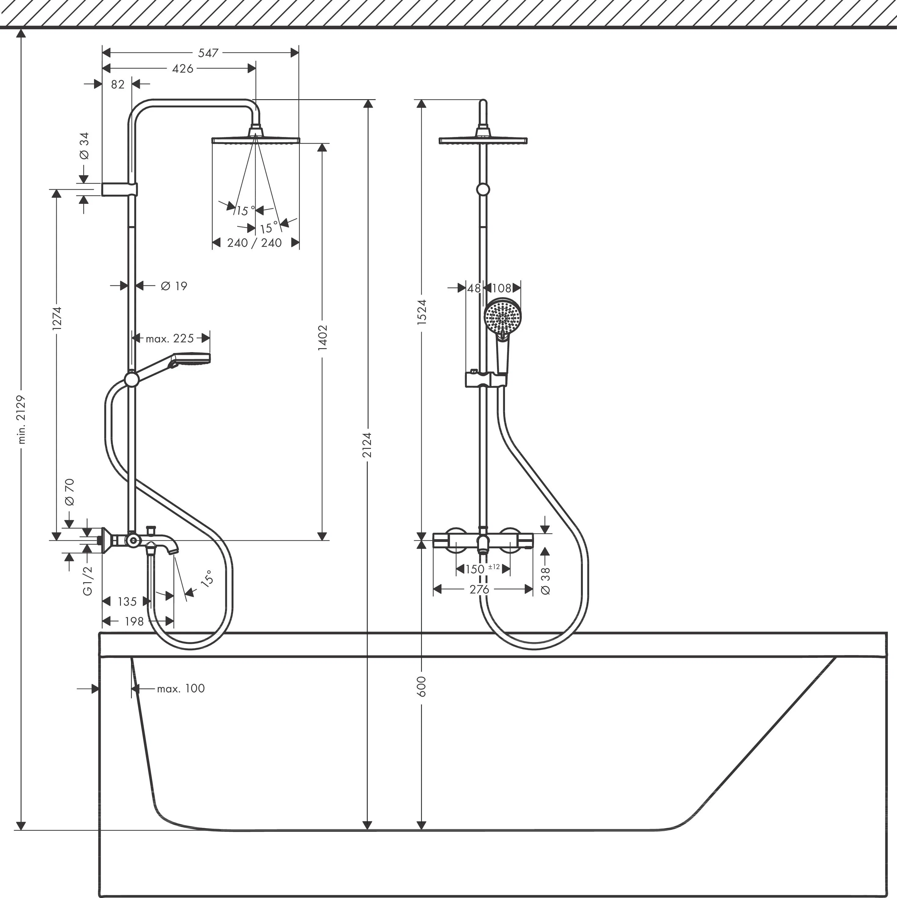 Душевая система с термостатом для ванны, черный Hansgrohe Crometta S Showerpipe 240 26900670