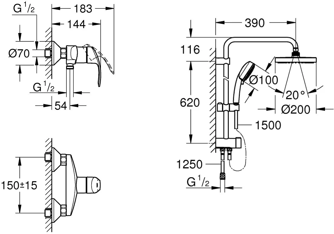 Душевая система 200, со смесителем, хром Grohe New Tempesta 124410