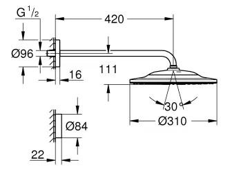 Верхний душ с кронштейном 422, 2 режима струи, с ДУ, хром Grohe Rainshower 310 SmartConnect 26640000