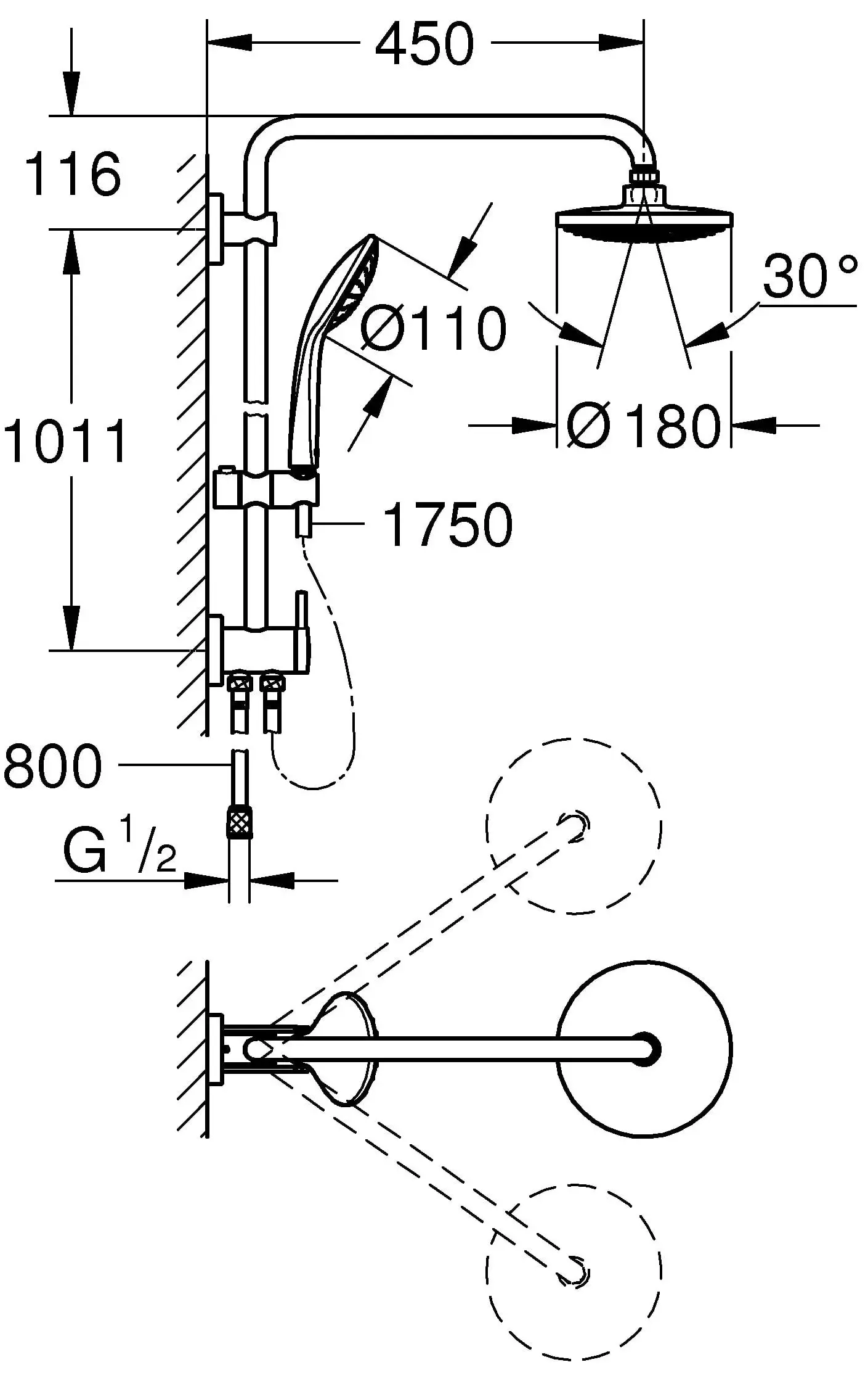27421001 Euphoria System 180 Душевая система с переключателем для настенного монтажа