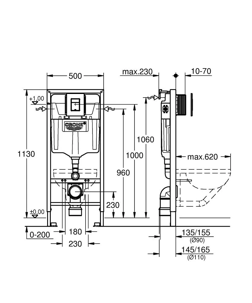 Инсталляция для подвесного унитаза, черная панель смыва Grohe Rapid SL 38811KF0