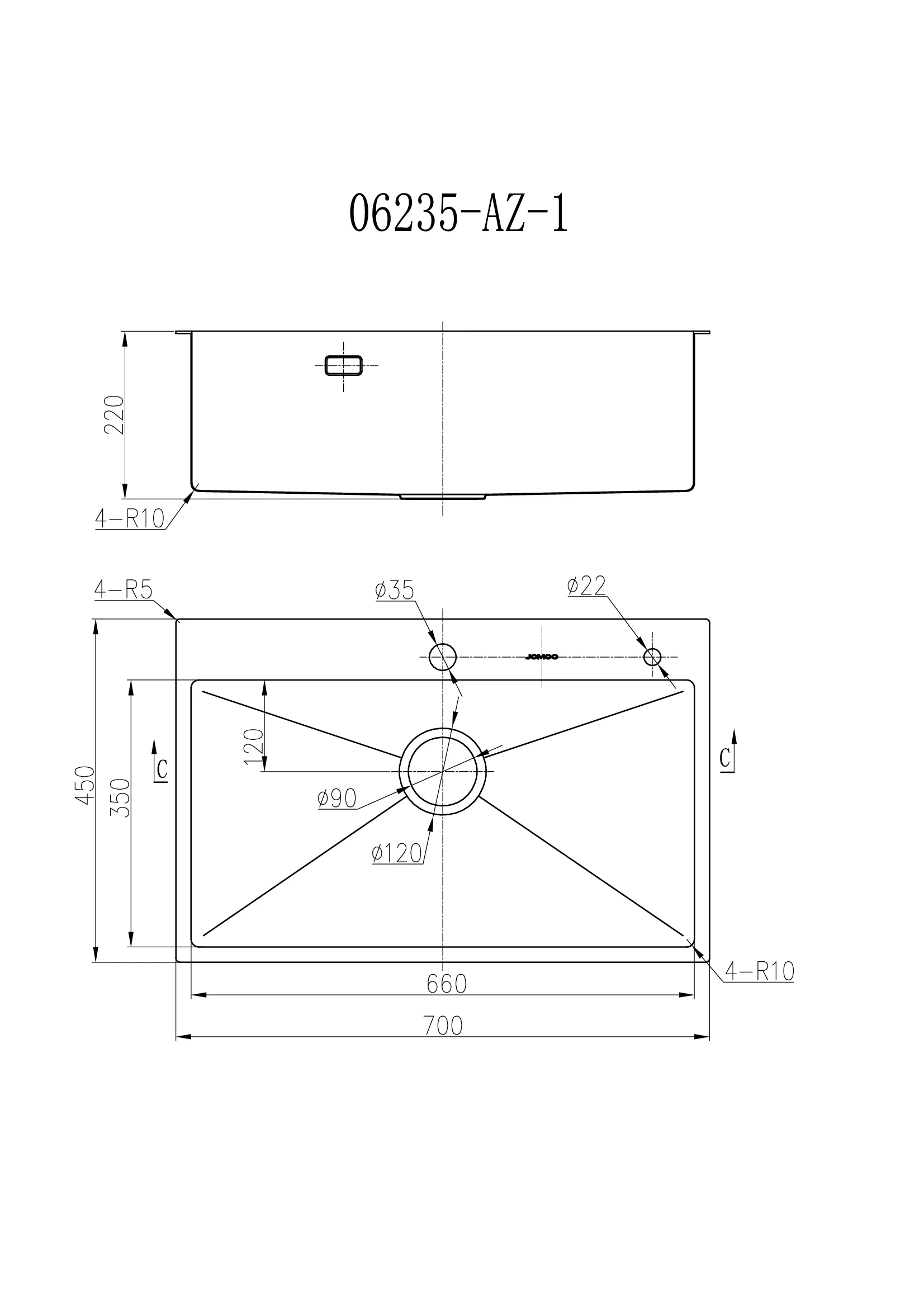 Мойка 450x700, одна чаша, нержавеющая сталь JOMOO 06235-9CZ-1
