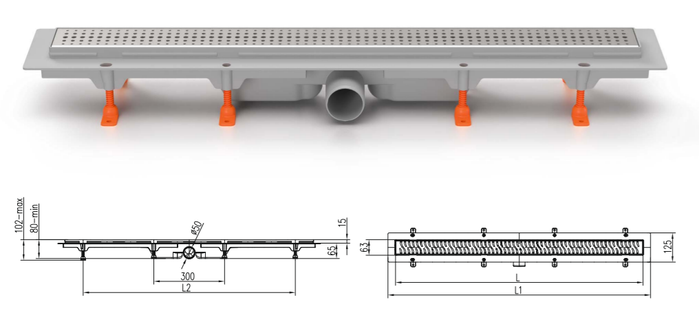 Трап линейный для пола, боковой слив MCH CH650/50K1