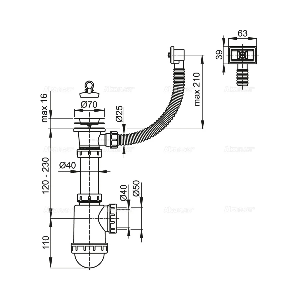 Сифон для раковины с нержавеющей решеткой d70 и гофропереливом Alcaplast A444-DN50/40