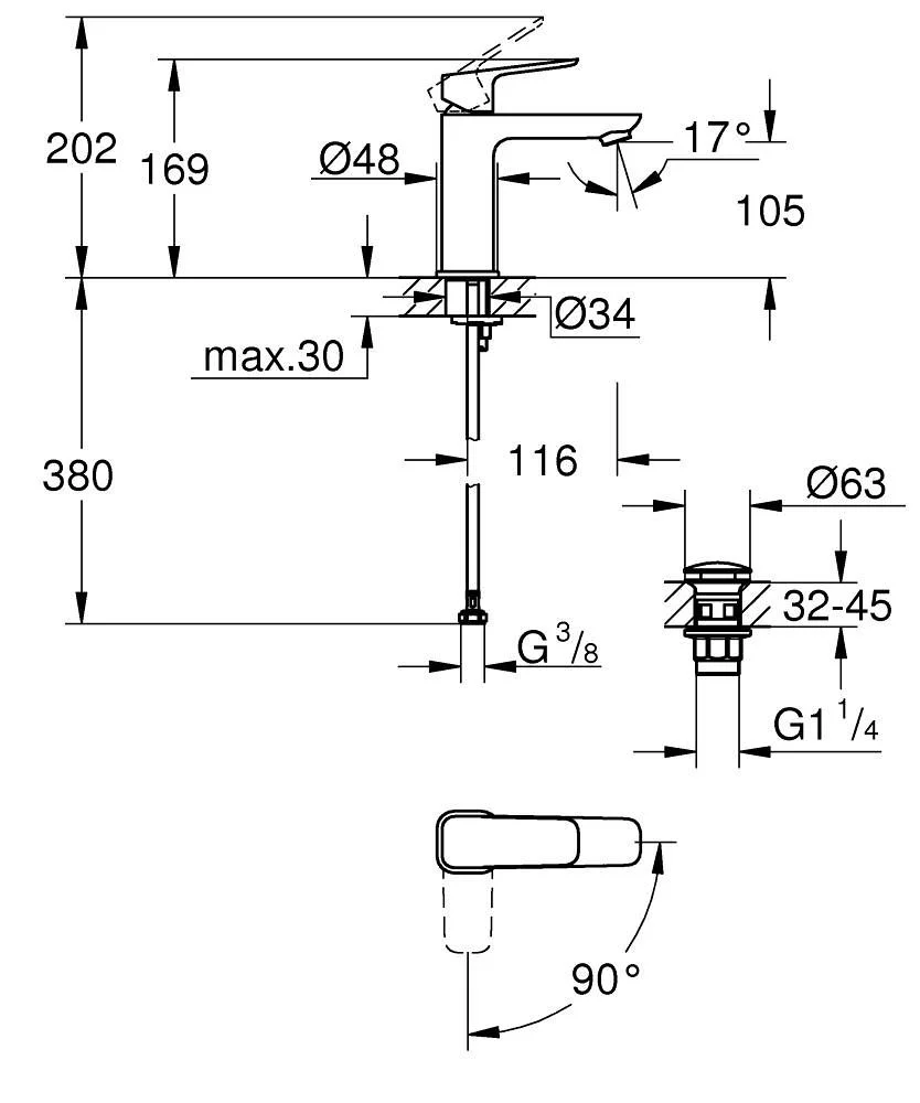Смеситель для раковины, размер M, черный Grohe Cubeo 1017572430 | Сантехника в Алматы Смеситель для раковины, размер M, черный Grohe Cubeo 1017572430