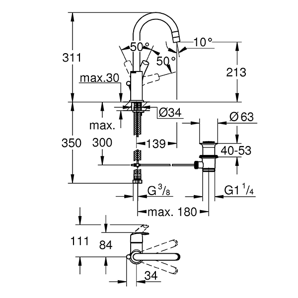 Смеситель для раковины с донным клапаном, размер L, высокий излив, хром Grohe Eurosmart 23537002