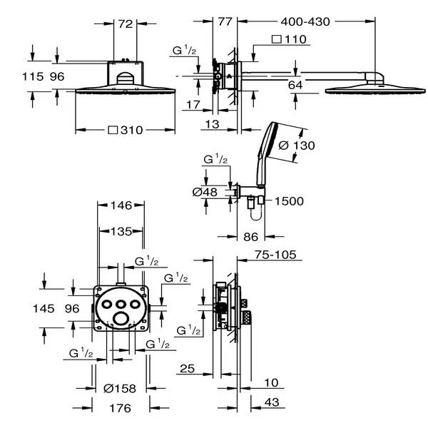 Душевая система встраиваемая, хром Grohe Rainshower SmartActive 310 Grohtherm SmartControl 34863000