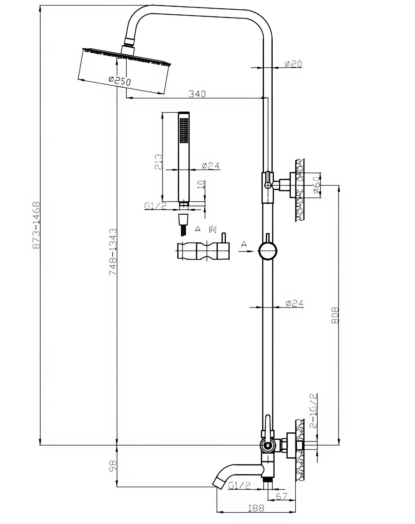 Душевая система со смесителем для ванны, черный ESKO Bangkok Black ST250BGB