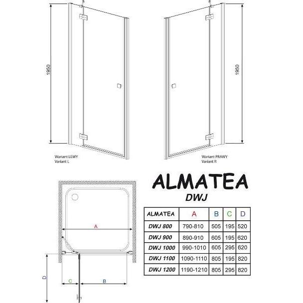 31502-09-01N Almatea DWJ Душевая дверь 1200*1950 (прозрачное стекло, золото, правая)