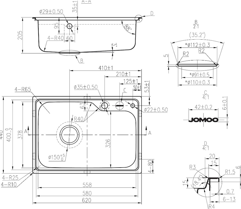 Мойка 440x620, одна чаша, нержавеющая сталь JOMOO 06178-7Z-I011