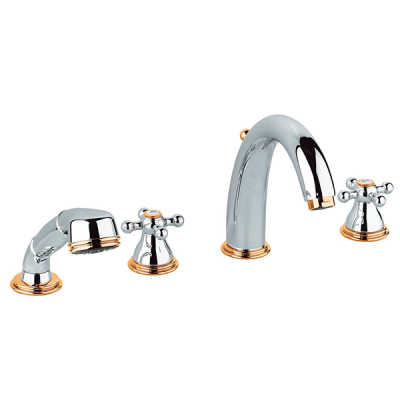 Смеситель для ванны, на 4 отверстия, установка на борт, высокий излив, золото/хрои Grohe Sinfonia 25 