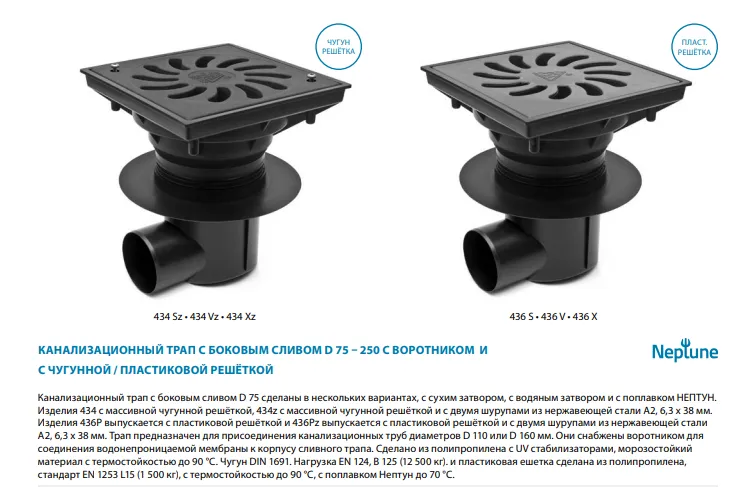 436Vz канализационный трап с боковым сливом (S)