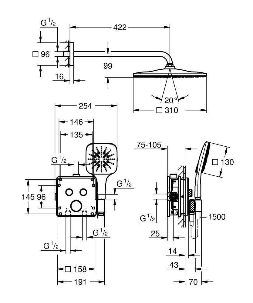 Душевая система встраиваемая, черный Grohe Grohtherm SmartControl CUBE 310 34865KF0
