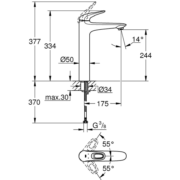 Смеситель для раковины, размер XL, хром Grohe Eurostyle 23570003