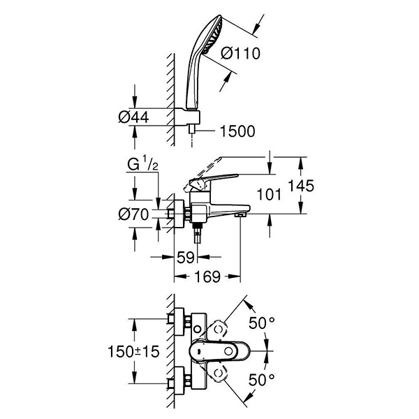 Смеситель для ванны с душевым гарнитуром, хром Grohe Europlus 33547002