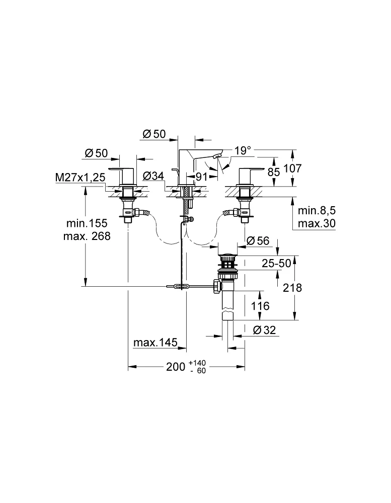 Смеситель для раковины, на 3 отверстия, хром Grohe BauEdge 20473000